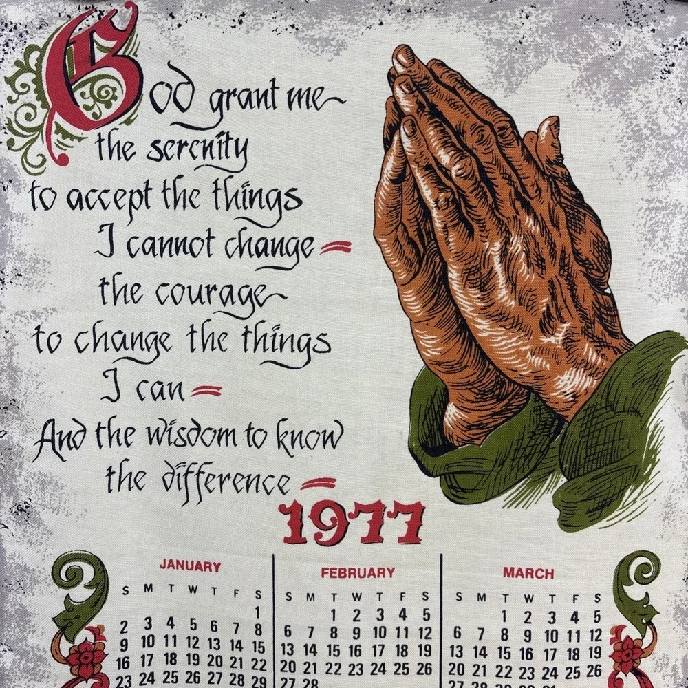 1977 Vtg Hanging Calendar Tea Towel Praying Hands Serenity Prayer God Grant‎ Me